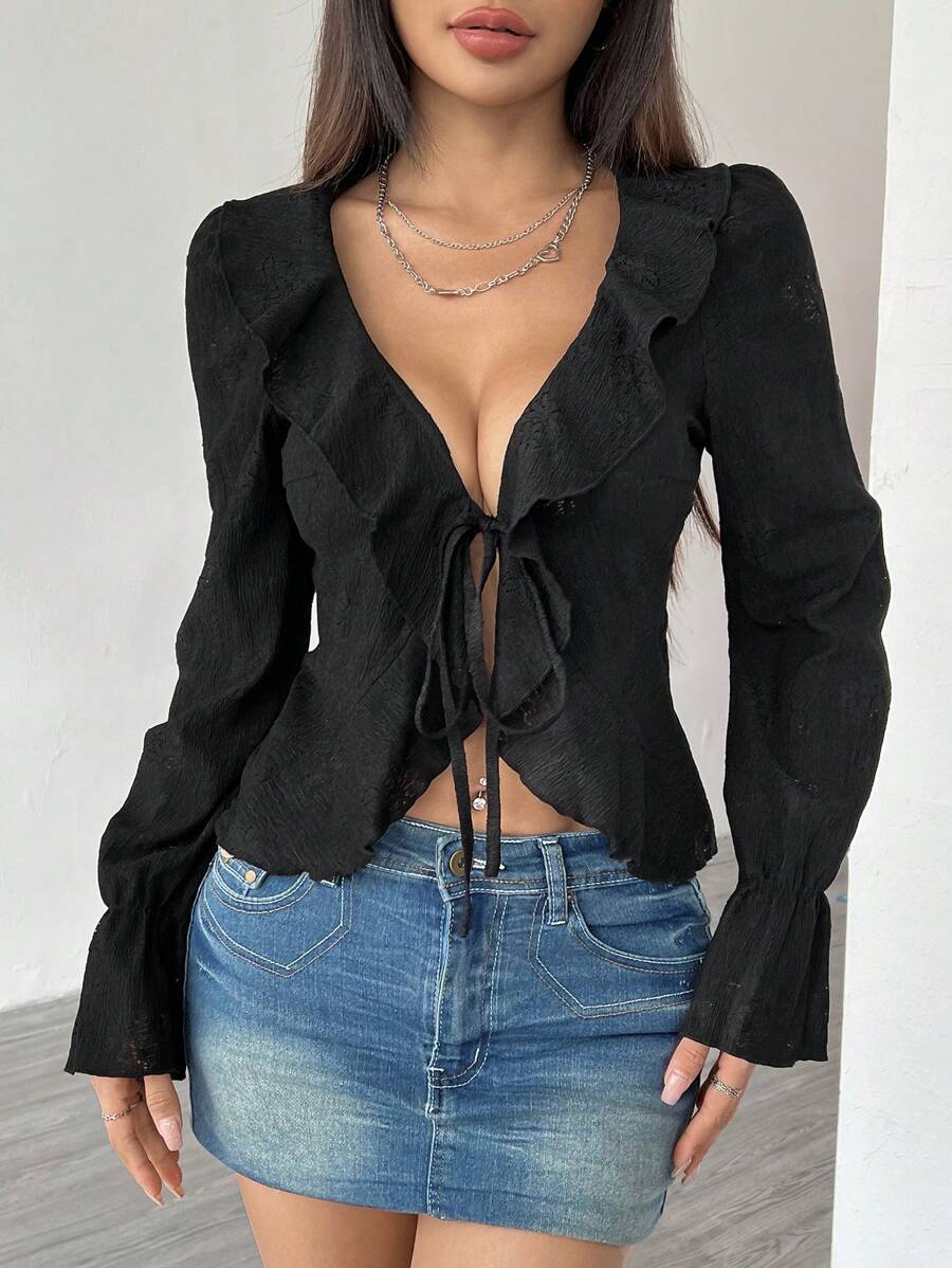 Flirla Áo kiểu nữ có cổ xếp nếp màu trơn phía trước có cổ dài tay thời trang xuân hè - màu đen - Xem 1