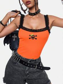 Studio Schimm Nghệ sĩ Halloween, Y2K, Thời trang đường phố, Áo ba lỗ cắt ngắn ôm vừa vặn viền ren tối màu dành cho nữ, Ngày lễ, Kỳ nghỉ, Mùa xuân, Bãi biển, Đi chơi, Lễ hội, Phù hợp với Ibiza, Trang phục phương Tây - trái cam - Xem 6