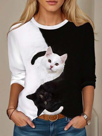 SHEIN EZwear Women's Spring Summer Casual Crew Neck Cat Print Color Block Long Sleeve T-Shirt