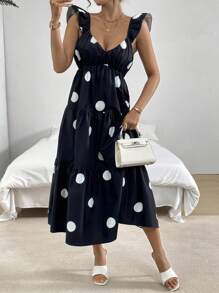 SHEIN Essnce 宽松波点蝴蝶袖中长款细肩带连衣裙，藏青色V领波点细肩带连衣裙，适合夏春两季，女装