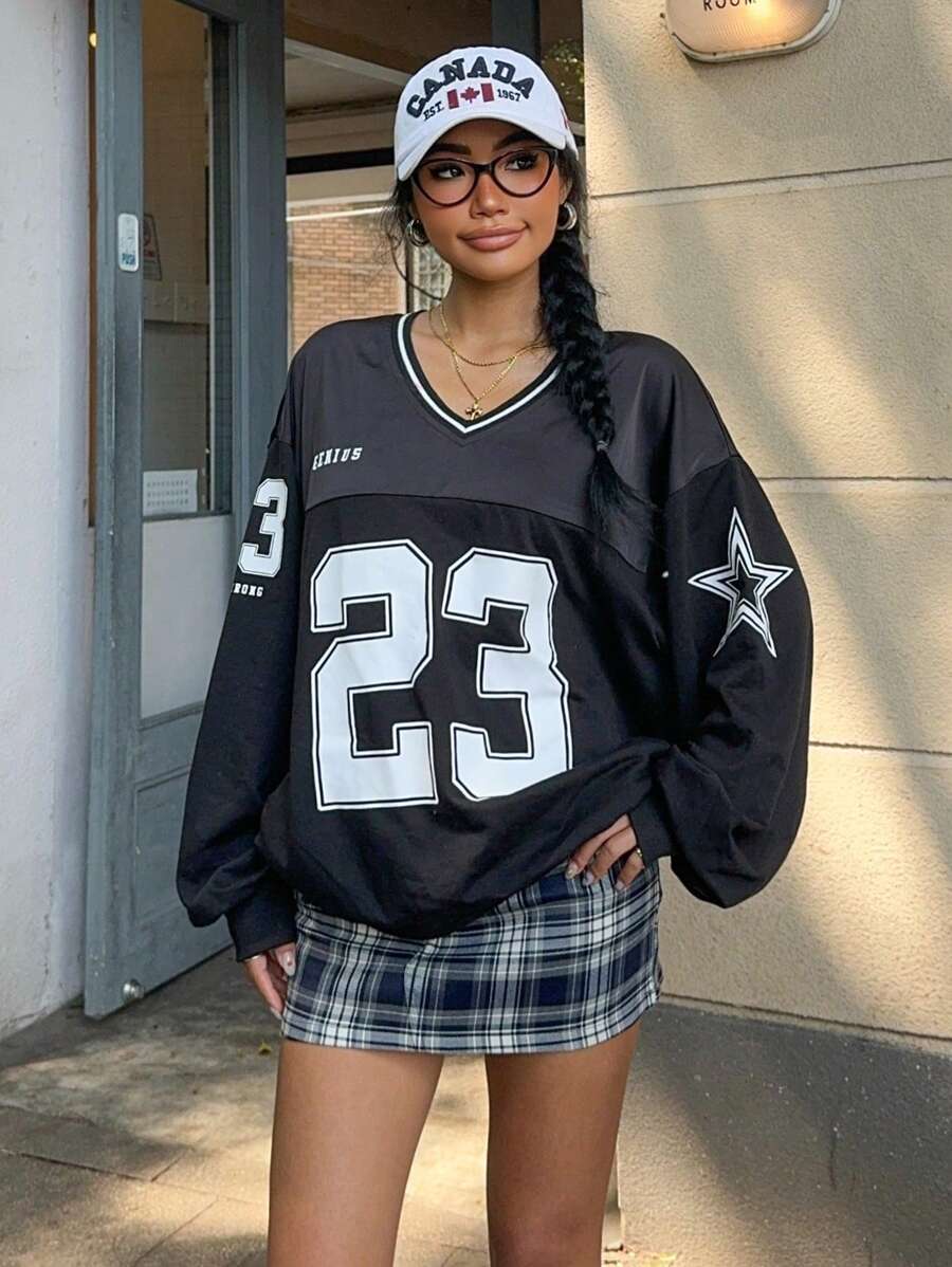 Muchica Women's Drop Shoulder Oversized Football Letter Black Satin Printed Sweatshirt