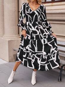 SHEIN Clasi Allover Print V-Neck Long Sleeve Ruffle Hem Dress - Black - View 5