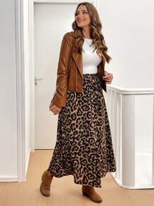 SHEIN VCAY Saia feminina plus size estilo francês, novidade da moda outono/inverno, com botões, modelagem evasê, cintura elástica, ideal para festas, estampa de leopardo, volta às aulas, saia com estampa americana, elegante, com fenda, perfeita para professoras, inspirada nos anos 70, para o trabalho, festas, minimalista, para o escritório, retrô, simples, para festivais de música, saia de outono, vintage, única, para férias, festiva, solta, saia casual feminina, ideal para usar com casacos. - Multicolorido - Ver 5