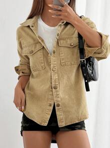 SHEIN EZwear Women's Spring And Autumn Khaki Distressed Textured Jacket, Casual Clothes