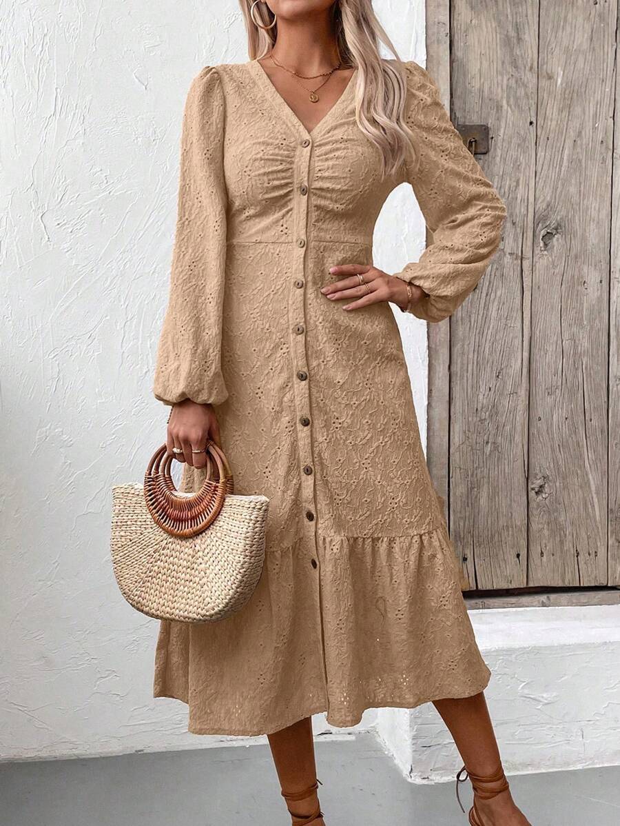 SHEIN LUNE V領長袖前鈕飾荷葉邊裙連衣裙 - 杏色 - 查看 1