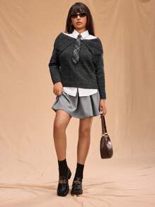 Forever 21 大码撞色翻领休闲长袖毛衣 - 深灰色 - 查看 9