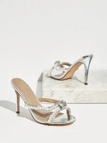 SHUZIA Sandali con tacco a spillo alti e affusolati in pelle scamosciata con decorazioni in perle e strass per donne affascinanti - Argento - Visualizzare 4