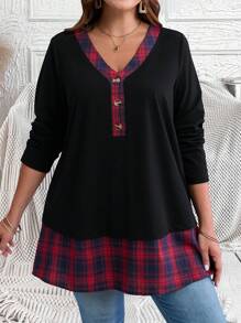 EMERY ROSE Plus Size Plaid Patchwork Front Button V-Neck Long Sleeve Fall Top, Casual Daily Wear - Multicolor - View 3