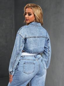 SHEIN SXY Chaqueta vaquera corta de mujer casual lavada, primavera otoño - Lavado ligero - Ver 2