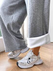 Flirla 2 件大码休闲纯色保暖内衬上衣和裤子套装，秋冬