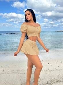 SHEIN SXY Conjunto de 2 piezas de vestimenta de vacaciones de princesa con mangas abullonadas y volantes, blanco, para vacaciones de verano para mujeres