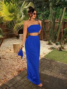 SHEIN SXY Women Fashionable Ruched Strapless Wide Leg Pants Set Summer Vacation Holiday Beach BOHO Sexy ,2 Pieces Set Blue