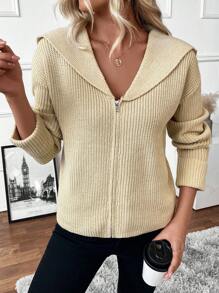 SHEIN LUNE Solid Color Stand Collar Zip-Up Casual Sweater Jacket, Continuous Learning Fall Cloth For Women - Khaki - View 6