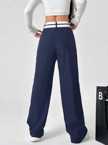 SHEIN EZwear Pantalones rectos casuales para mujeres con bolsillos y cintura asimétrica en bloque de color