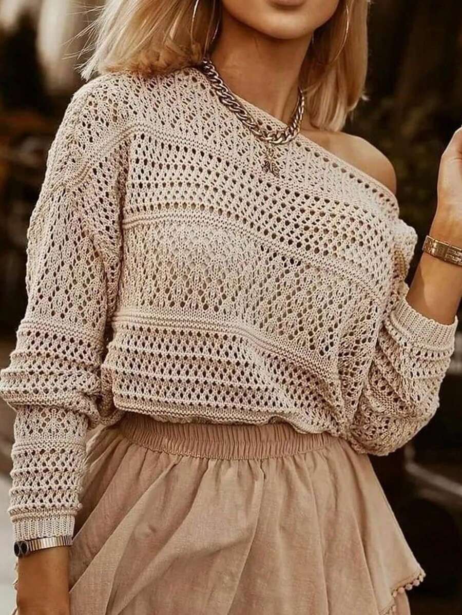 SHEIN LUNE 2024 Autumn Mixed Off-Shoulder Hollow Knitted Sweater - Brown - View 1