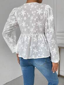 SHEIN LUNE Women's Commute Simple Floral Jacquard Front Tie Long Sleeve Elegant Blouse, Spring/Summer