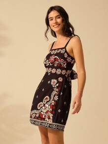 CAJUNI Vestido corto de verano casual de vacaciones bohemio para mujeres con estampado tropical, azalea, girasol en negro sin tirantes