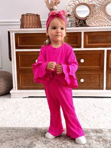 SHEIN 2 peças Conjunto de Roupa Esportiva e Casual Texturizado com Cor de Rosa Choque para Bebê Menina, Outono/Inverno