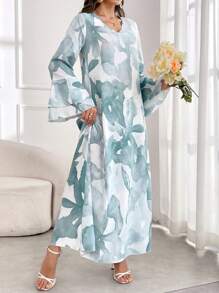 Yasmyna 女士春夏优雅植物印花喇叭袖长款阿拉伯朴素连衣裙 - 綠色 - 查看 5