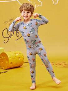 TOM & JERRY X SHEIN Young Boy Cartoon Allover Print Snug Fit Sleepwear Set - Long Sleeve Top & Pants