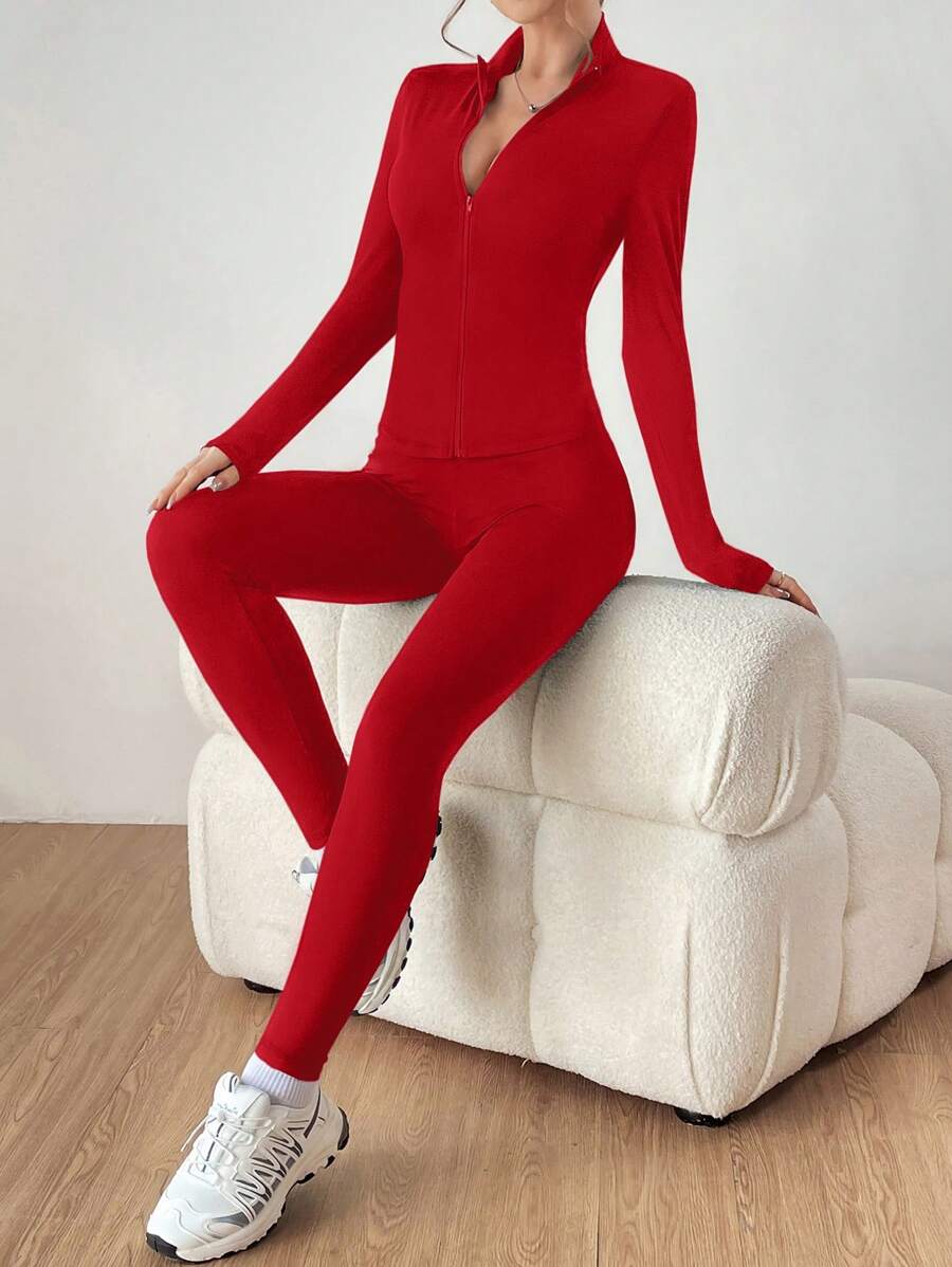 SHEIN EZwear 黑色两件套运动服拉链夹克和紧身裤 - 紅色 - 查看 1