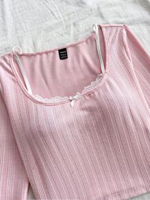 Soleia 女士度假仿分层蕾丝边纹理长袖针织 T 恤，时尚粉色 - 粉色 - 查看 5