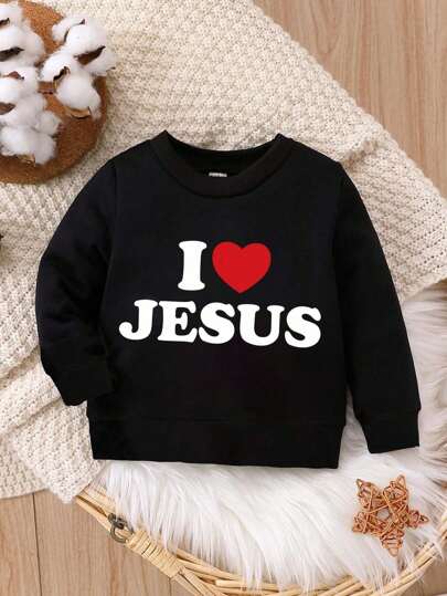 Baby Girl Letter & Heart Printed Crew Neck Casual Sweatshirt, Black