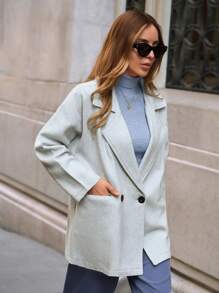RueChic Lapel Neck Drop Shoulder Button And Pocket Detailed Winter Daily Jacket - Grey - View 5
