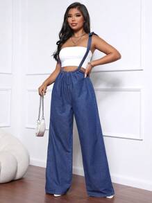 SHEIN SXY Peto vaquero recto y mono de mujer con tirantes cruzados, casual y de moda - Azul - Ver 4