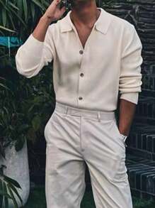 Manfinity Homme Men's Button-Up Long Sleeve Simple Solid Color Casual Cardigan