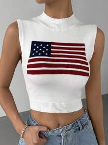 SHEIN EZwear Women's Casual Crew Neck National Flag Pattern Knit Sweater