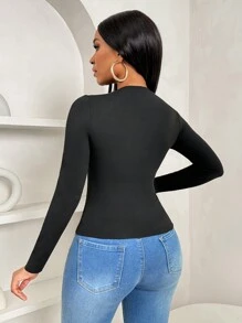 BamGleam 女式休闲优雅蝴蝶结领修身荷叶边下摆纯色长袖 T 恤，秋季女装 - 黑色 - 查看 2