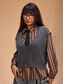 Forever 21 大码女式秋冬 V 领宽松休闲针织麻花毛衣背心 - 深灰色 - 查看 10