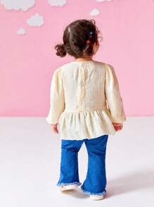 SHEIN 2pcs Baby Girls' Casual Patchwork Knit Sweater Top And Flared Jeans Pants Set, Fall/Winter - Multicolor - View 2