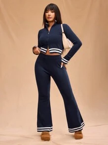 Forever 21 Plus Size Women's Stylish Retro College Contrast Trim Wide Leg Knit Pants