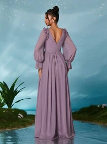 Women's Frill Trim Lantern Sleeve Chiffon Maxi Dress - Dusty Purple - View 2