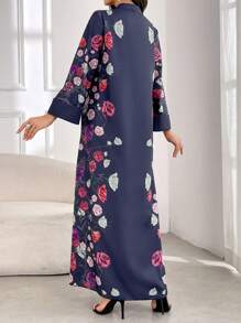 Al Najma Ladies Spring Summer Elegant Flower Print Long Arabian Modest Long Sleeve Dress - Navy Blue - View 2