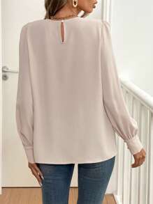 Chiquease Solid Color Hollow Splice Round Neck Long Sleeve Button Casual Top Fall Cloth For Women - Apricot - View 2
