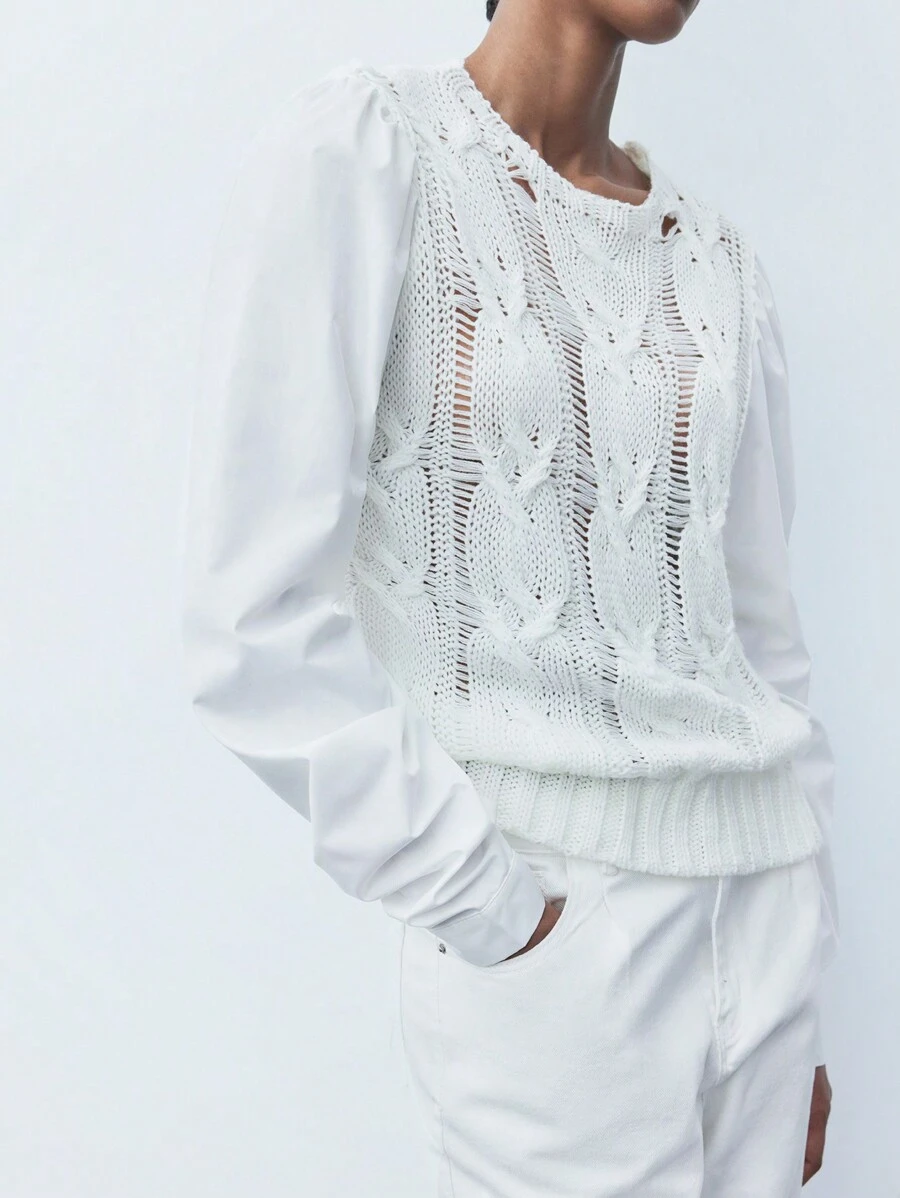 Maija Women Simple Hollow-Out Color Block Casual Sweater - White - View 1