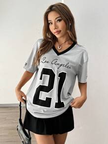 Flirla Camiseta gráfica de verano con jersey deportivo de malla relajado y contrastado, con estampado numérico vintage americano para mujeres - Gris - Ver 4