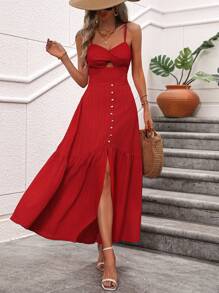 Breezaya Solid Color Backless Knotted High Slit Cami Dress - Red - View 5