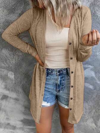 女式长款针织开衫，纯色，前开纽扣，轻便