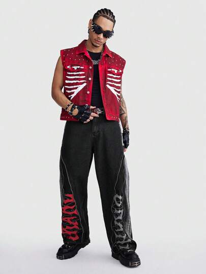 ROMWE Avant Jeans amples droits lavés avec imprimé lettrage, casual pour homme