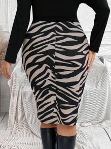 EMERY ROSE Plus Size Women Zebra Printed Slim Fit Elegant Pencil Fall Skirt - Black - View 2
