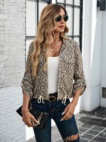 SHEIN LUNE Women's Leopard Print Cropped Jacket, Autumn - Khaki - View 3