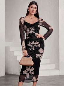 SHEIN Privé Thanh lịch, thời trang và tối giản Màu sắc tương phản Vải lưới Vải ngẫu nhiên In hoa ngẫu nhiên Ruffle Eo Bodycon Dress - Nhiều màu - Xem 5