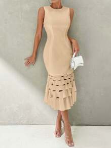 SHEIN Privé 女士夏季日常优雅简约浪漫约会舞会婚礼度假海滩镂空下摆无袖鱼尾连衣裙 - 杏色 - 查看 6