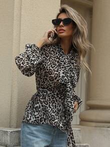 Aveloria Modichic 1pc Random Elegant Leopard Print Tie-Collar Loose Sheer Long Sleeve Blouse Fall Cloth For Women - Multicolor - View 1