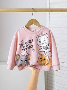 SHEIN Leap Crew Sudadera de cuello redondo con estampado de gato lindo y versátil para niña bebé, adecuada para la temporada de otoño invierno y regreso a la escuela - Rosa - Ver 8