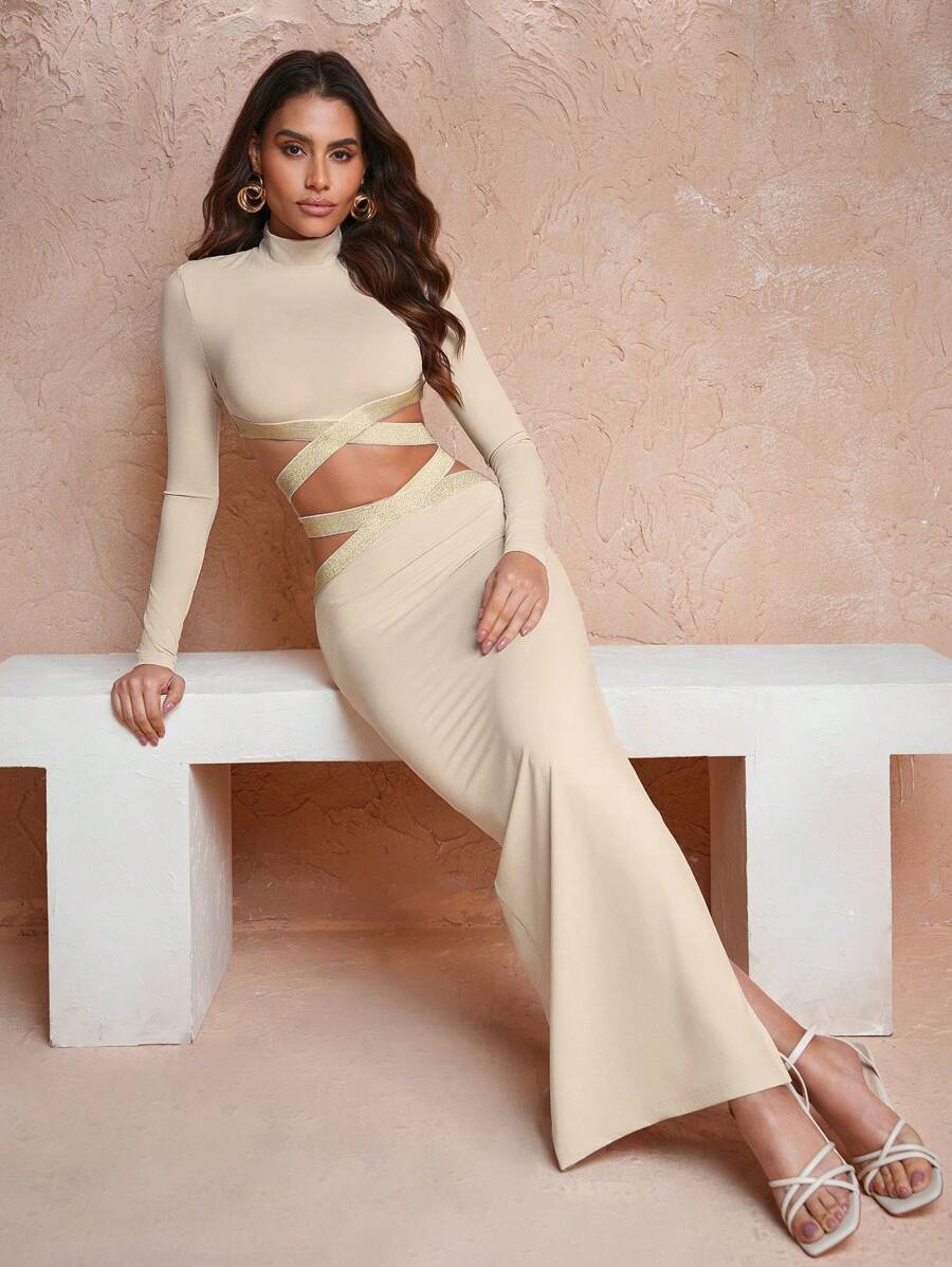 Keraye London Soft Lux Collection 设计师针织高领优雅连衣裙，节日，派对前夜，生日音乐会服装，节日，狂欢服装节日，婚礼，舞会礼服 - 黃色 - 查看 1